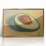 Large acrylic print of assorted fruits in a mid-century modernist style, framed in gold, ideal for nursery wall art.