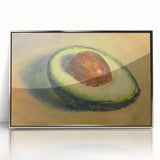 Mid-century modernist art featuring assorted fruits in bold colors on a framed acrylic print, suitable for nursery wall art.