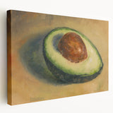Large art depicting assorted fruits in vibrant colors on a stretched canvas, ideal for kitchen wall decor.