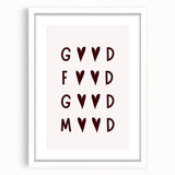 Abstract art print featuring swirling patterns in muted orange and blue tones, framed with a white mat.