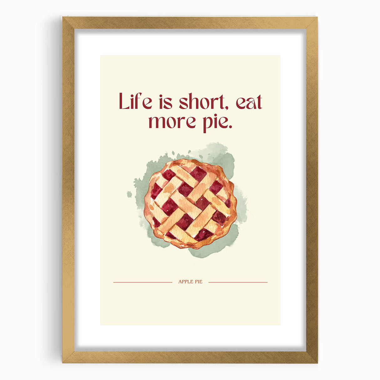 Extra large abstract art print featuring assorted pastries in muted earth tones, framed in gold, ideal for living room decor.