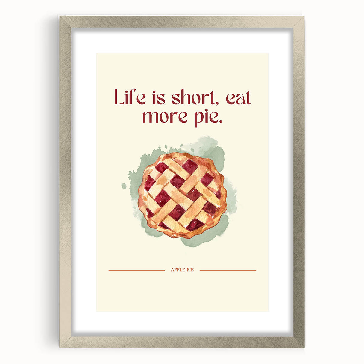 Textured art print of abstract pastries in muted pastel shades, framed in silver, ideal for bedroom wall decor.