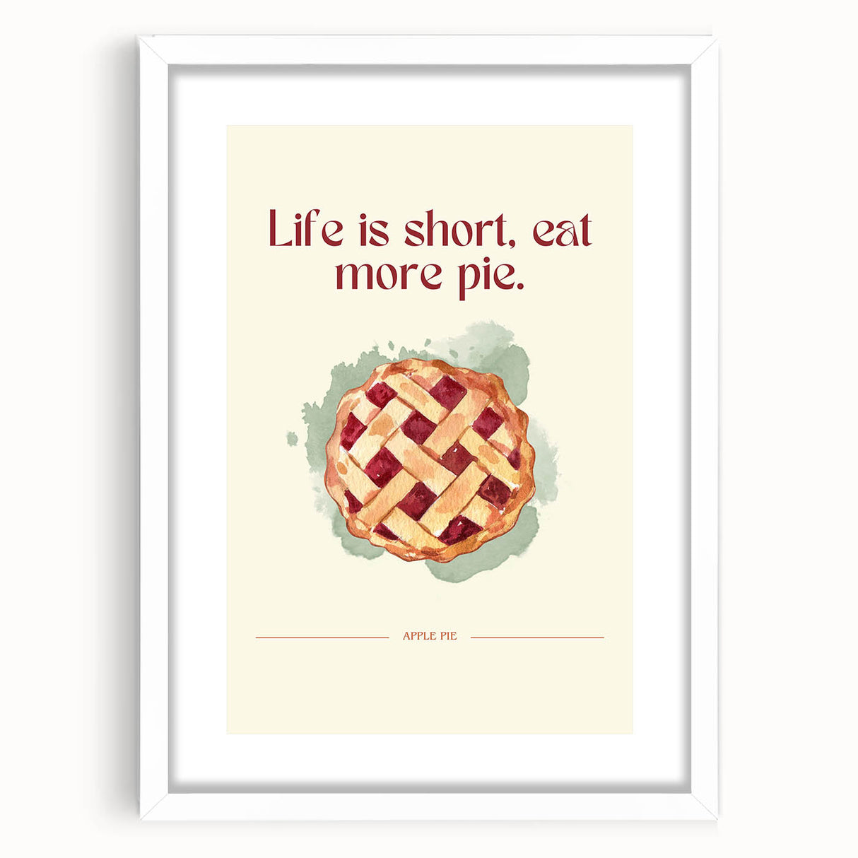 Abstract art print of assorted pastries in soft pastel tones on a white framed mat, suitable for dining room decor.