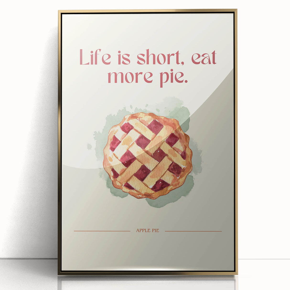 Large art print of assorted pastries in muted gold tones, framed in acrylic, suitable for modern kitchen decor.
