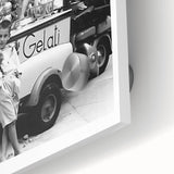 Large abstract wall art on acrylic glass featuring mid-century modernist style figures dining, in muted earth tones.