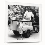 Large abstract wall art on acrylic glass depicting vibrant, colorful food and people, ideal for bedroom or dining room decor.