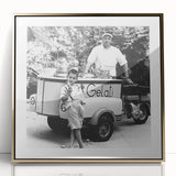 Framed acrylic print of a mid-century modernist food and people scene in gold tones, suitable for modern art wall decor.