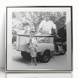 Mid-century modernist art depicting people at a food market, in muted earth tones on a framed acrylic print.