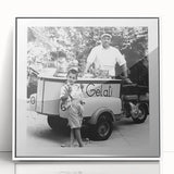 Art deco style poster of a food market scene in vibrant colors, framed in white acrylic, ideal for modern kitchen decor.