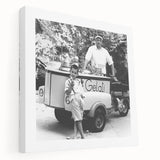 A large stretched canvas depicting a vibrant, colorful scene of cartoon-style people enjoying food.