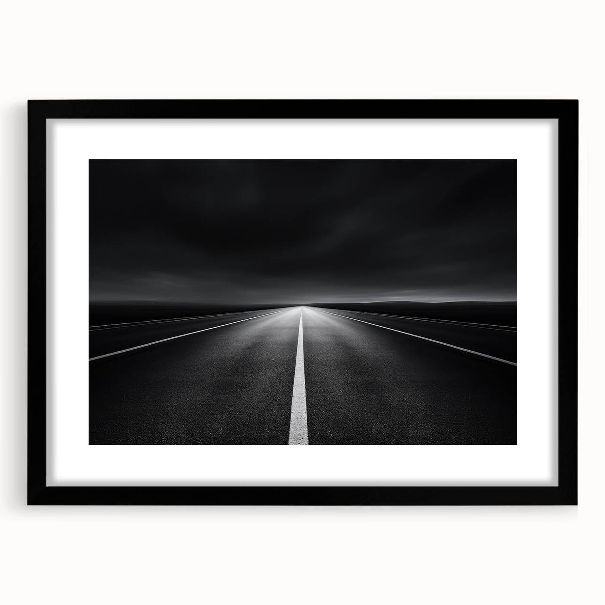 Elegant black landscape frame with a white mat, showcasing a beautiful artwork in a front view setting. Ideal for modern home decor, enhancing interior aesthetics.