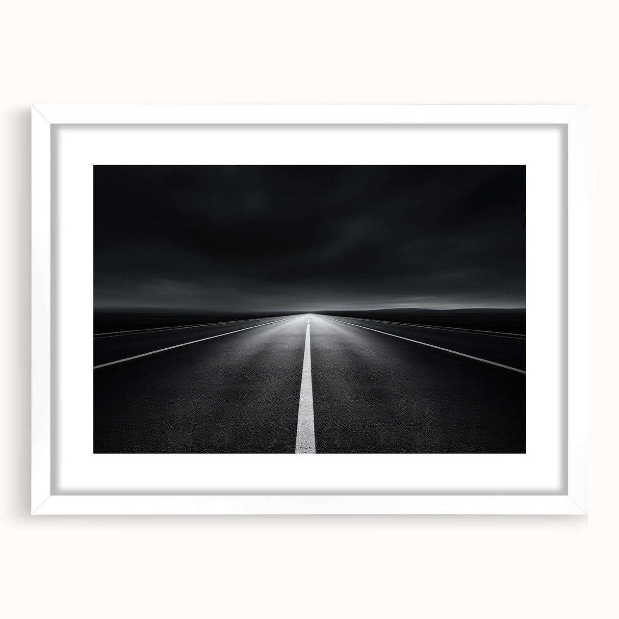 White landscape frame showcasing a mat and a scenic artwork, presented in a front view. Ideal for home decor, emphasizing modern elegance and versatility.