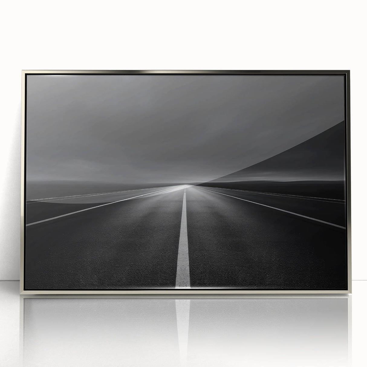 Framed acrylic print showcasing a modern landscape design with silver accents, elegantly displayed against a neutral background, perfect for contemporary home decor.