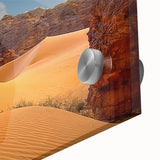 Large abstract wall art depicting an Algerian landscape in muted earth tones on acrylic glass, ideal for dining room decor.