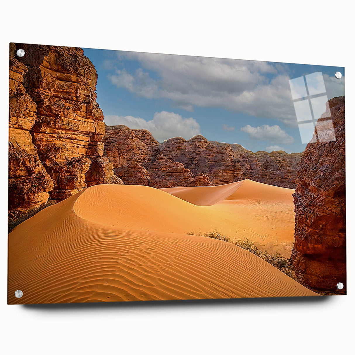 Large abstract wall art depicting an Algerian landscape in muted earth tones on acrylic glass.