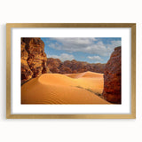 Textured abstract art print of an Algerian landscape in muted earth tones on a framed canvas, suitable for bedroom decor.