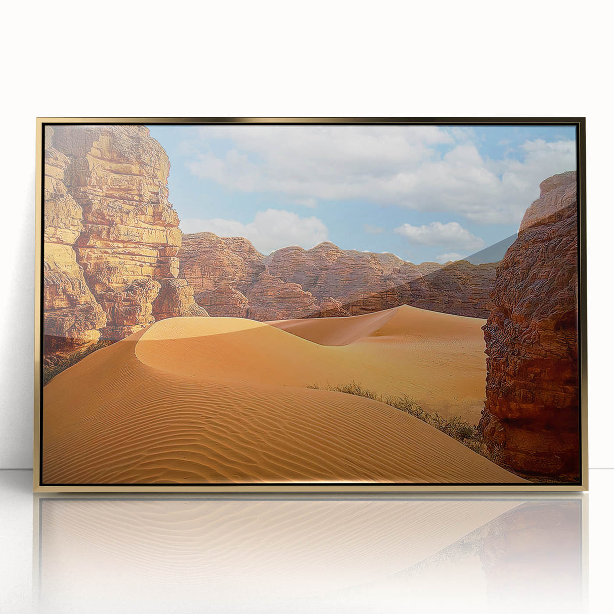 Mid-century modernist art depicting an Algerian landscape on a gold-framed acrylic, featuring earth tones.
