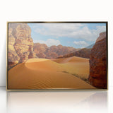 Mid-century modernist art depicting an Algerian landscape on a gold-framed acrylic, featuring earth tones.