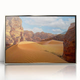 Acrylic print of Algerian scenery in art deco style with silver frame, featuring earth tones.