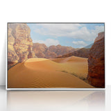 Acrylic print of an Algerian landscape in mid-century modernist style with muted earth tones.
