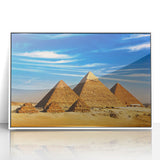 Mid-century modernist acrylic print of an Egyptian landscape in muted earth tones, ideal for nursery wall decor.