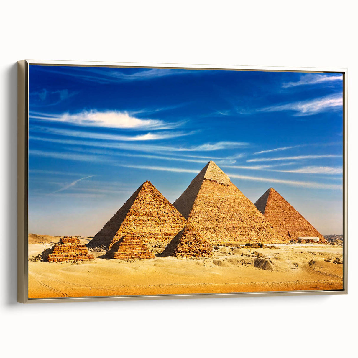 Framed canvas featuring a vintage-style landscape art painting of an Egyptian scene in gold, black, and colorful tones.