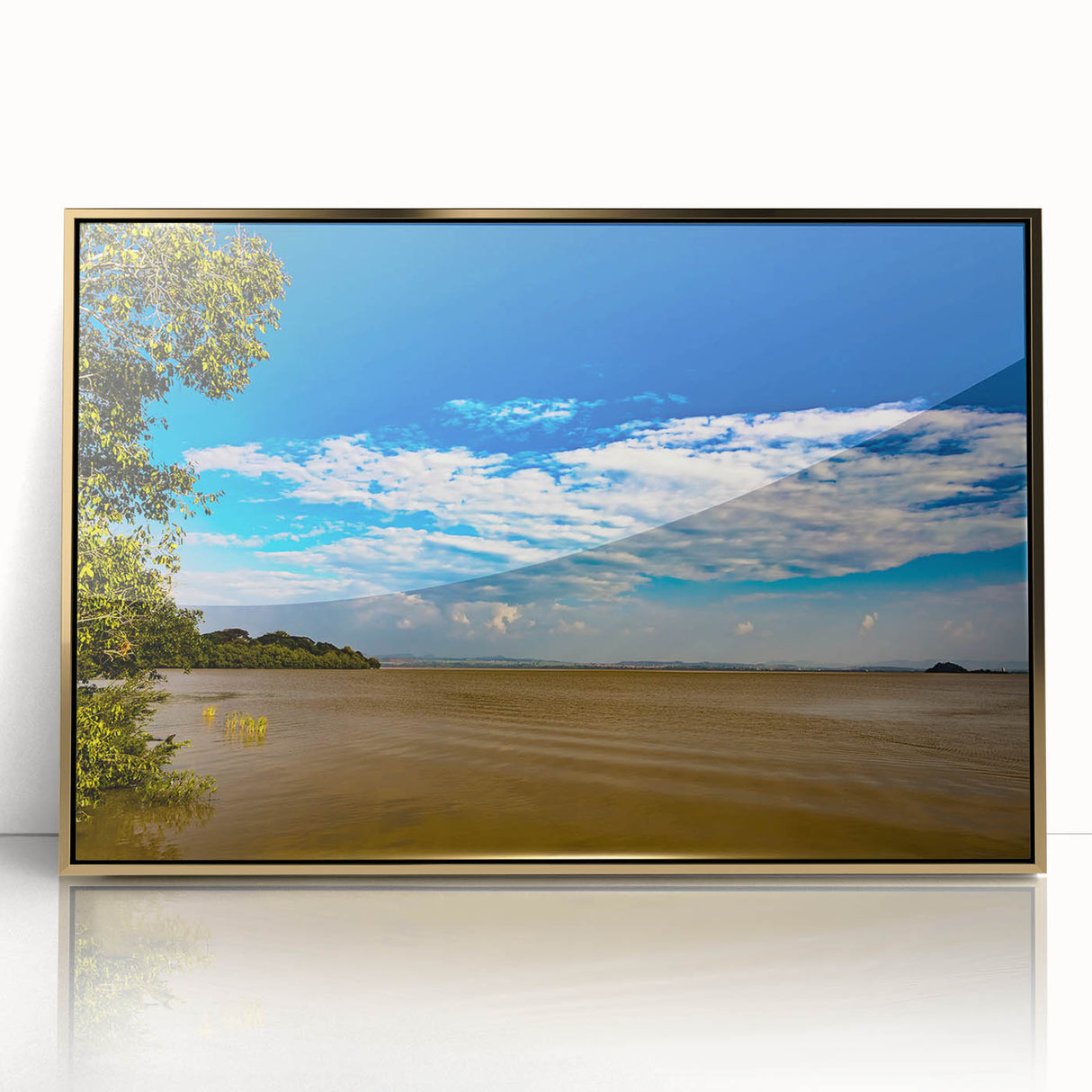 Mid-century modernist art depicting Ethiopian scenery in gold tones on a framed acrylic, ideal for nursery wall decor.