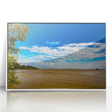 Framed acrylic print of an Ethiopian landscape in mid-century modernist style, using earth tones.