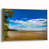 Framed canvas featuring a colorful Ethiopian landscape with vibrant green and gold tones.