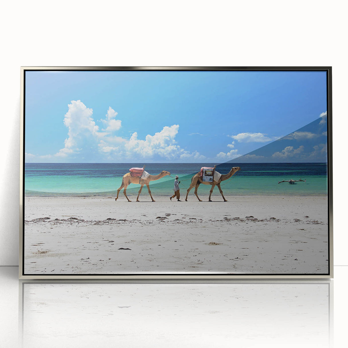 Acrylic print of a Kenyan landscape in silver frame, featuring earthy tones, ideal for modern art wall decor.