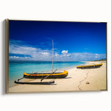 Landscape art painting of Madagascar scenery on framed canvas, featuring vintage poster style with gold and black hues.