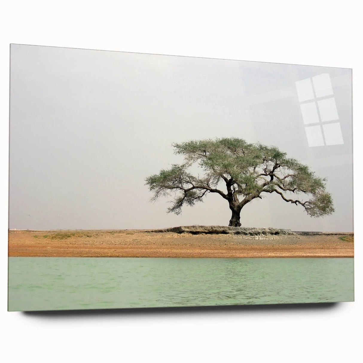 Large abstract wall art featuring a Mali scenery in earth tones on acrylic glass, suitable for bedroom or dining room decor.