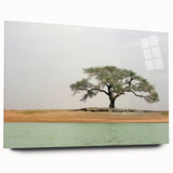 Large abstract wall art featuring a Mali scenery in earth tones on acrylic glass, suitable for bedroom or dining room decor.