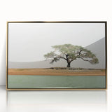 Mid-century modernist art depicting a Mali landscape in muted earth tones on a framed acrylic panel.
