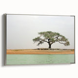Vintage poster art of an African scenery in Mali, featuring colorful accents on a black background, framed in silver.