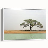 Framed canvas featuring a vintage-style Mali landscape in muted earth tones, ideal for bedroom wall art.