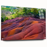 Acrylic print of a large abstract depiction of Mauritius scenery in vibrant blue and green, ideal for dining room art.