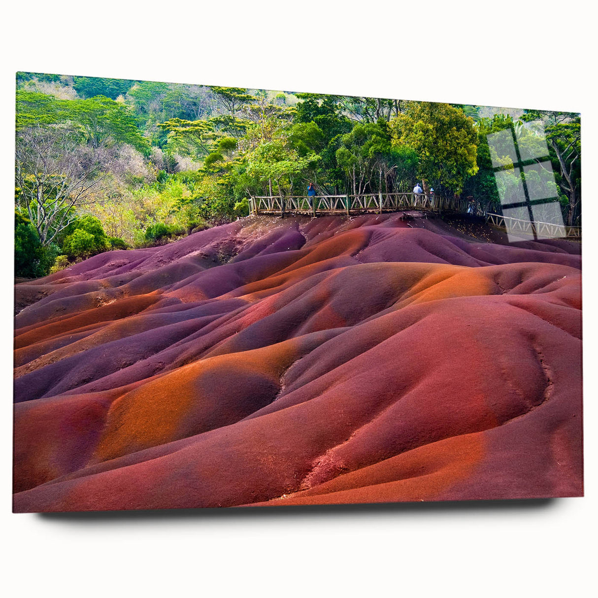 Large abstract depiction of Mauritius scenery in muted blues and greens on acrylic glass.