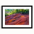 Extra large abstract art print of a colorful, textured African scenery on a black framed canvas, ideal for living room decor.