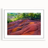 Extra large abstract art print of a Mauritian landscape in vibrant colors, framed with a white mat.