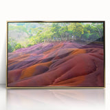 Mid-century modernist art depicting a serene Mauritian landscape in muted earth tones, framed acrylic.