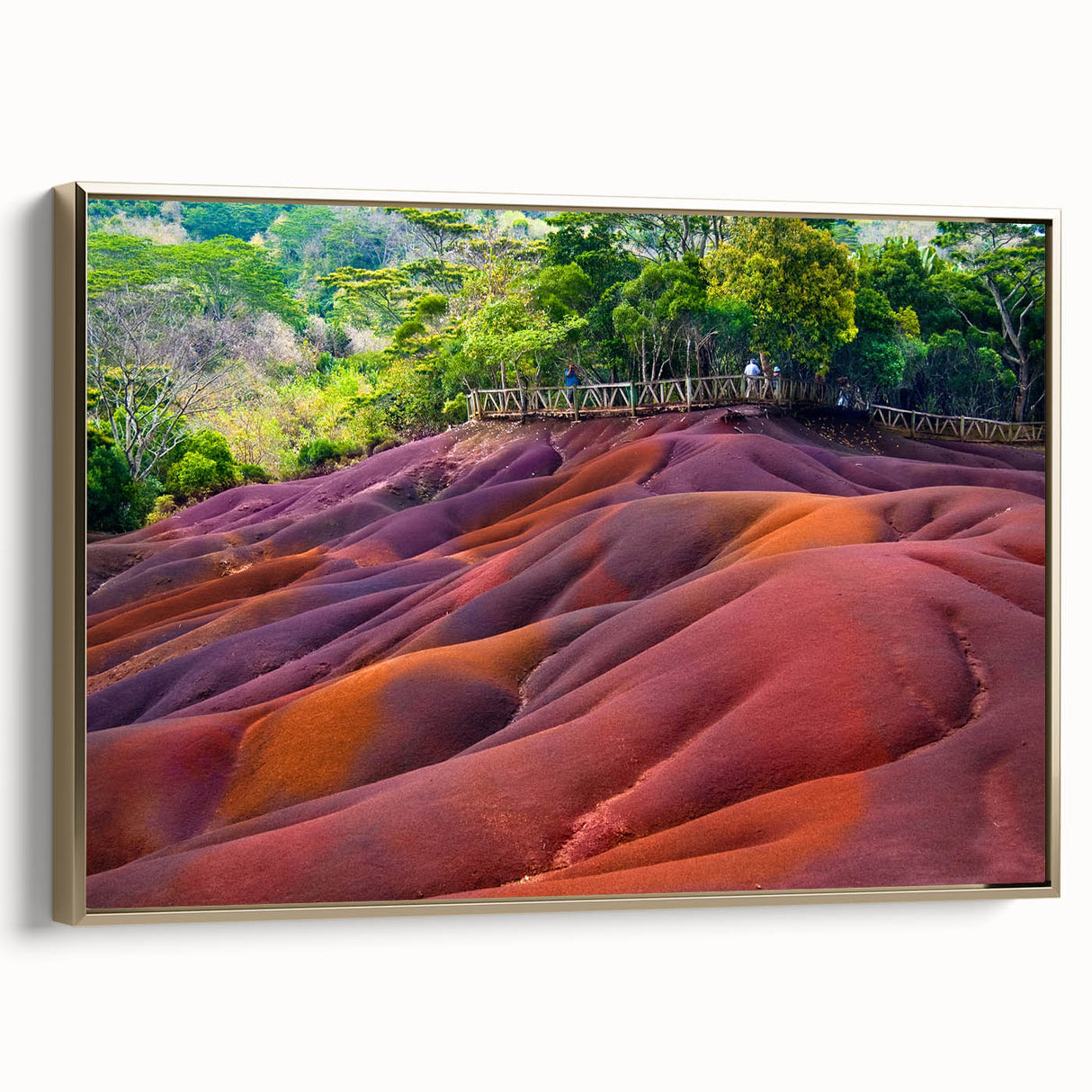 Vintage poster art of Mauritius scenery on framed canvas, featuring colorful art with black borders.