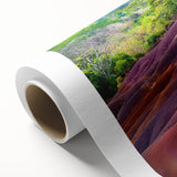 Art deco poster of a Mauritius landscape on rolled canvas, featuring soft pastel shades, ideal for nursery wall art.