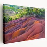 A stretched canvas featuring a serene Mauritius landscape in muted earth tones, ideal for kitchen wall art.