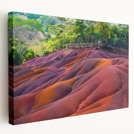 A stretched canvas featuring a serene Mauritius landscape in muted earth tones, ideal for kitchen wall art.