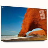 Acrylic print of a Moroccan landscape with earthy tones and abstract elements, suitable for bedroom or dining room decor.