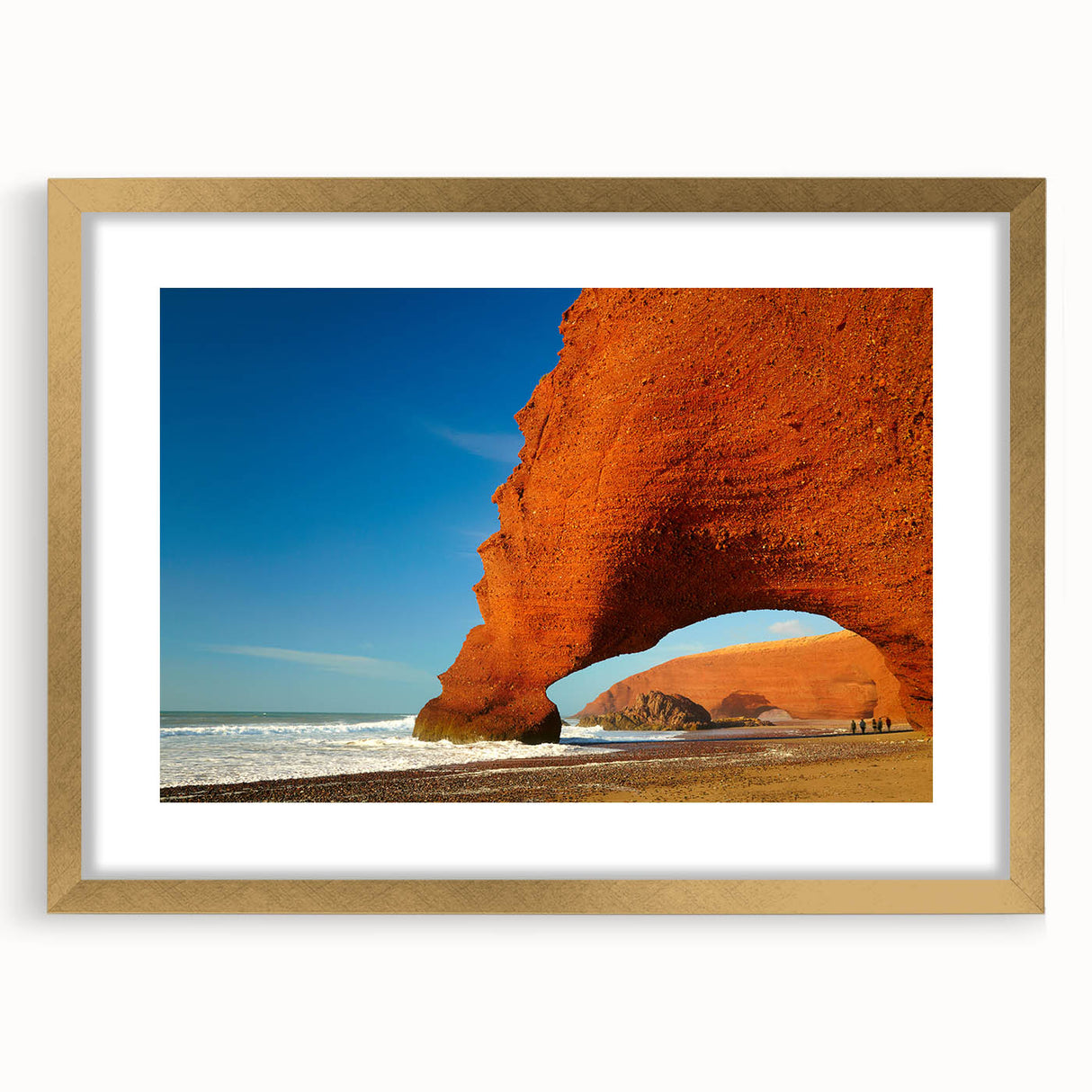 Textured abstract art print depicting Moroccan scenery in earthy tones on a gold-framed canvas, suitable for bedroom decor.