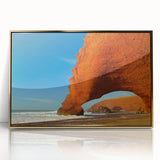 Mid-century modernist acrylic print featuring a Moroccan landscape in earth tones, ideal for nursery wall art.