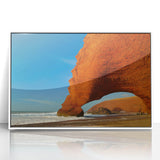 Large art print of a Moroccan landscape in muted earth tones on white framed acrylic, ideal for modern art wall decor.