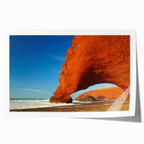 Moroccan landscape with vibrant orange and red floral patterns on a rolled canvas, suitable for dining room wall art.